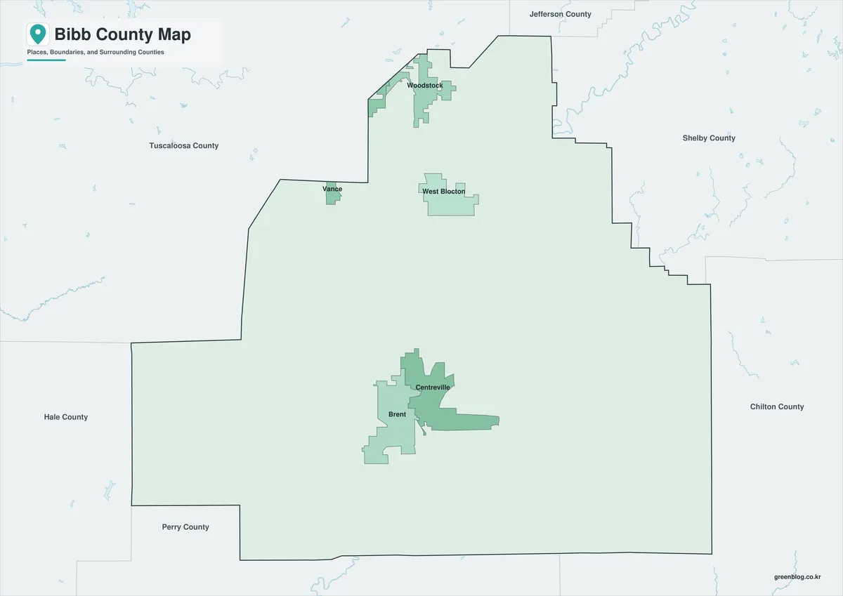 Bibb County Map color version with selected place names and surrounding counties
