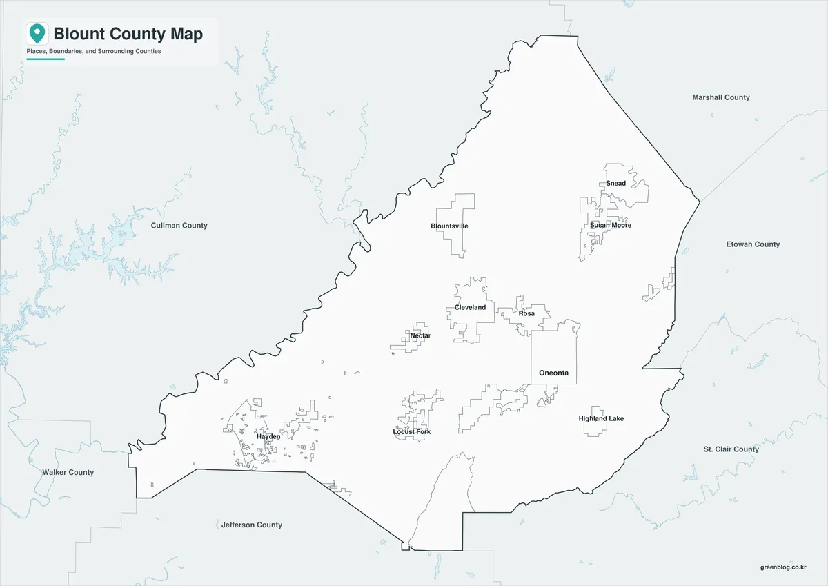 Blount County Map black and white version with selected place names and boundaries
