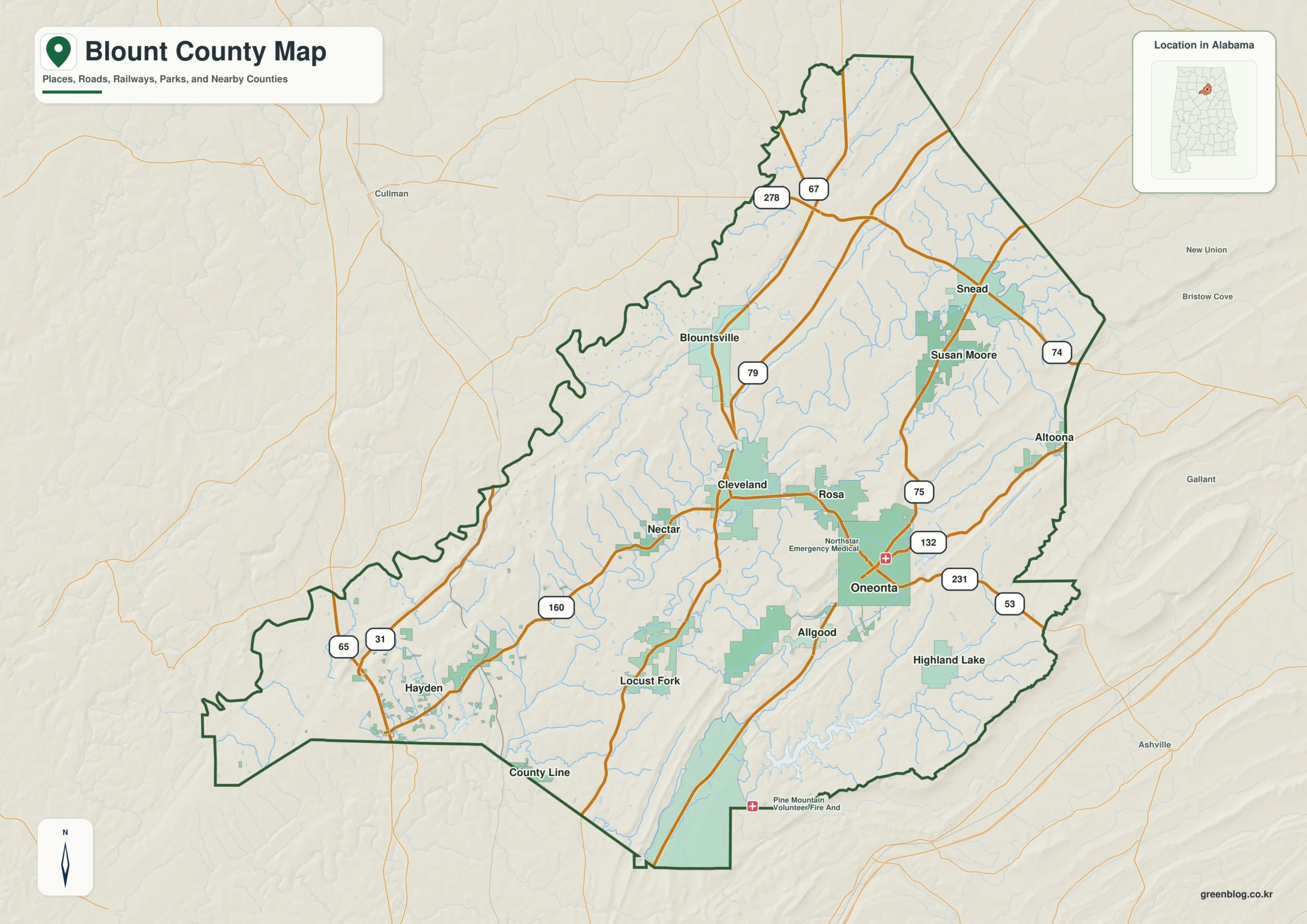 블런트 카운티 Blount County 앨라배마 지도에서 카운티 경계와 주요 지명을 확인하는 지도