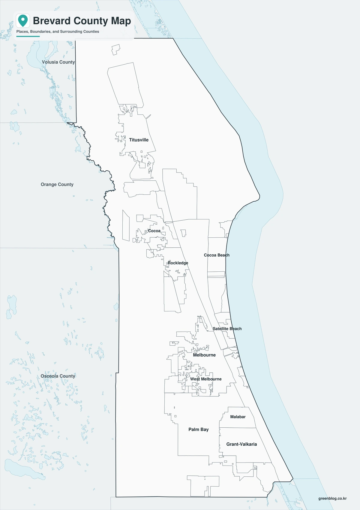Black-and-white Brevard County map with selected city labels
