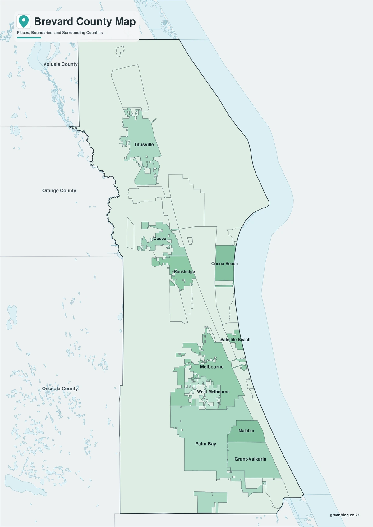 Color map of Brevard County Florida and neighboring counties