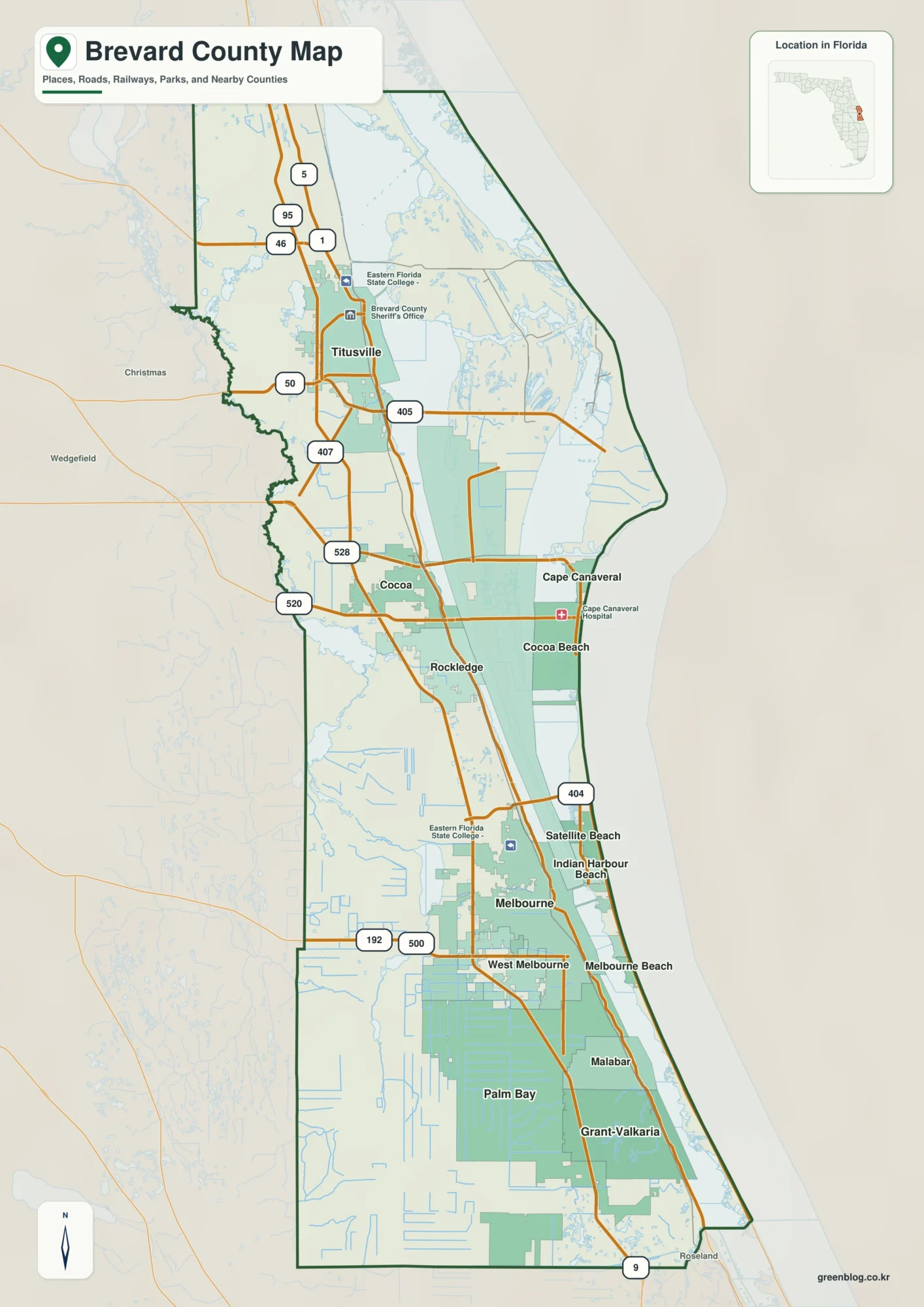 Brevard County Florida map showing Titusville, Palm Bay, Melbourne