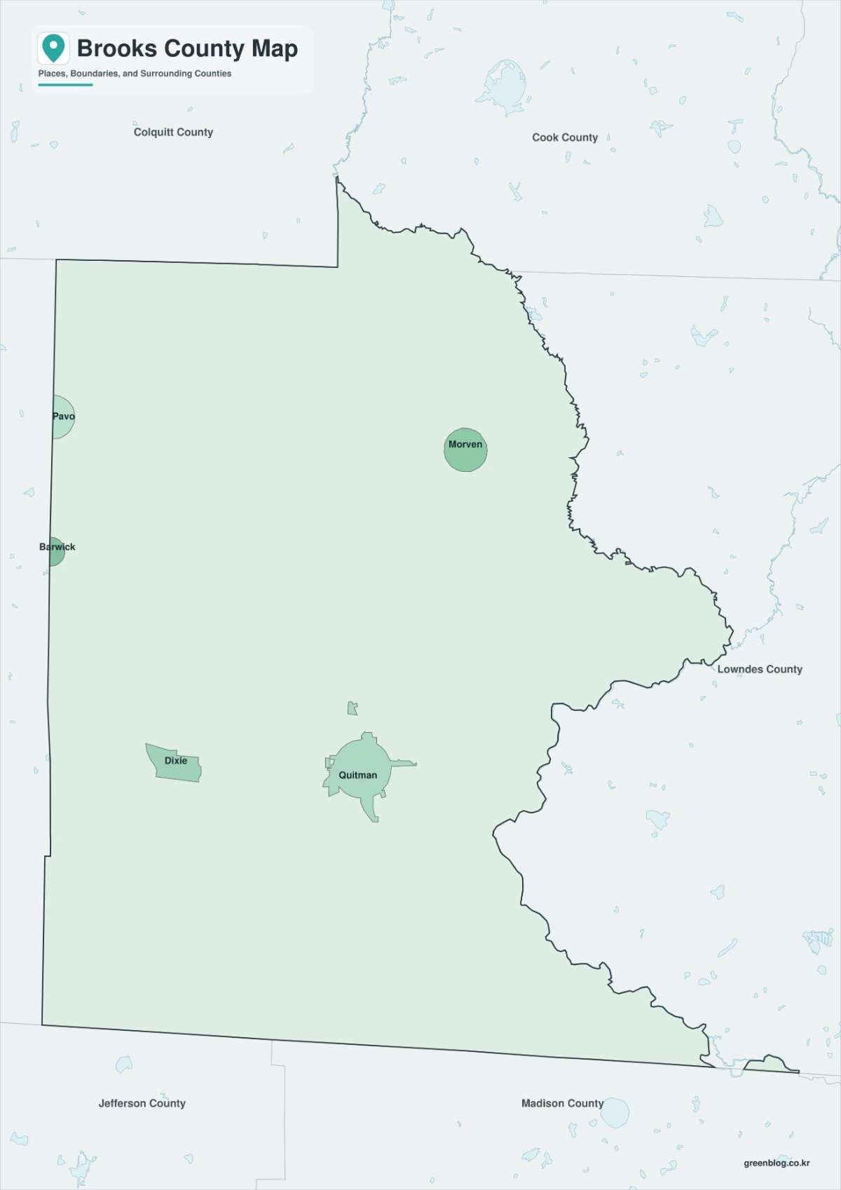 Brooks County map color version with Quitman and selected communities