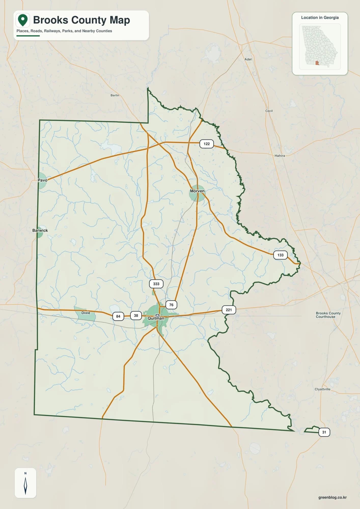 Brooks County Georgia map showing the county boundary and selected places