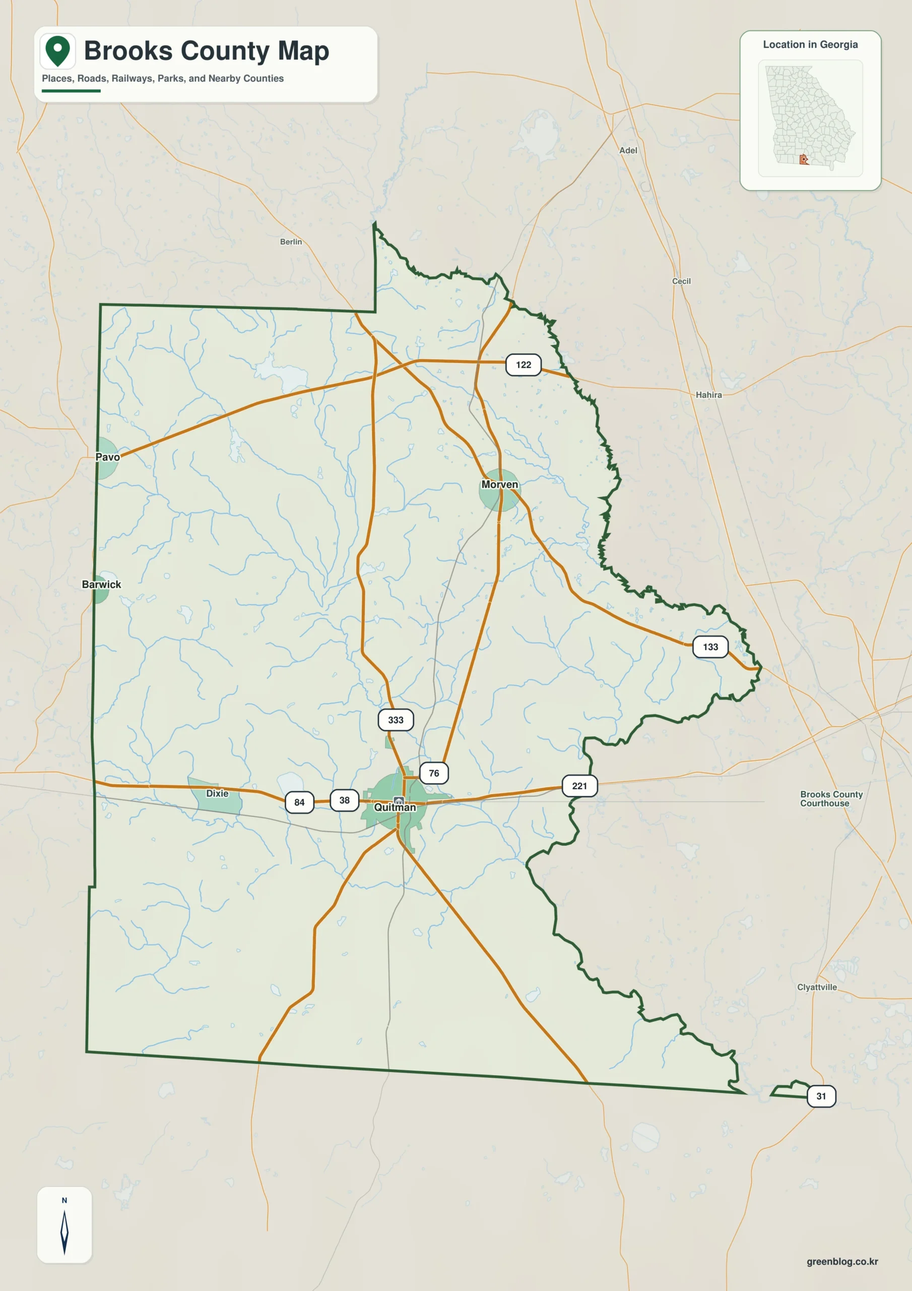 Brooks County Georgia map showing the county boundary and selected places
