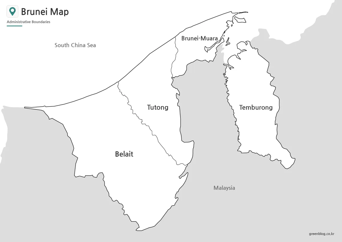 Printable black and white Brunei map with labeled administrative boundaries.