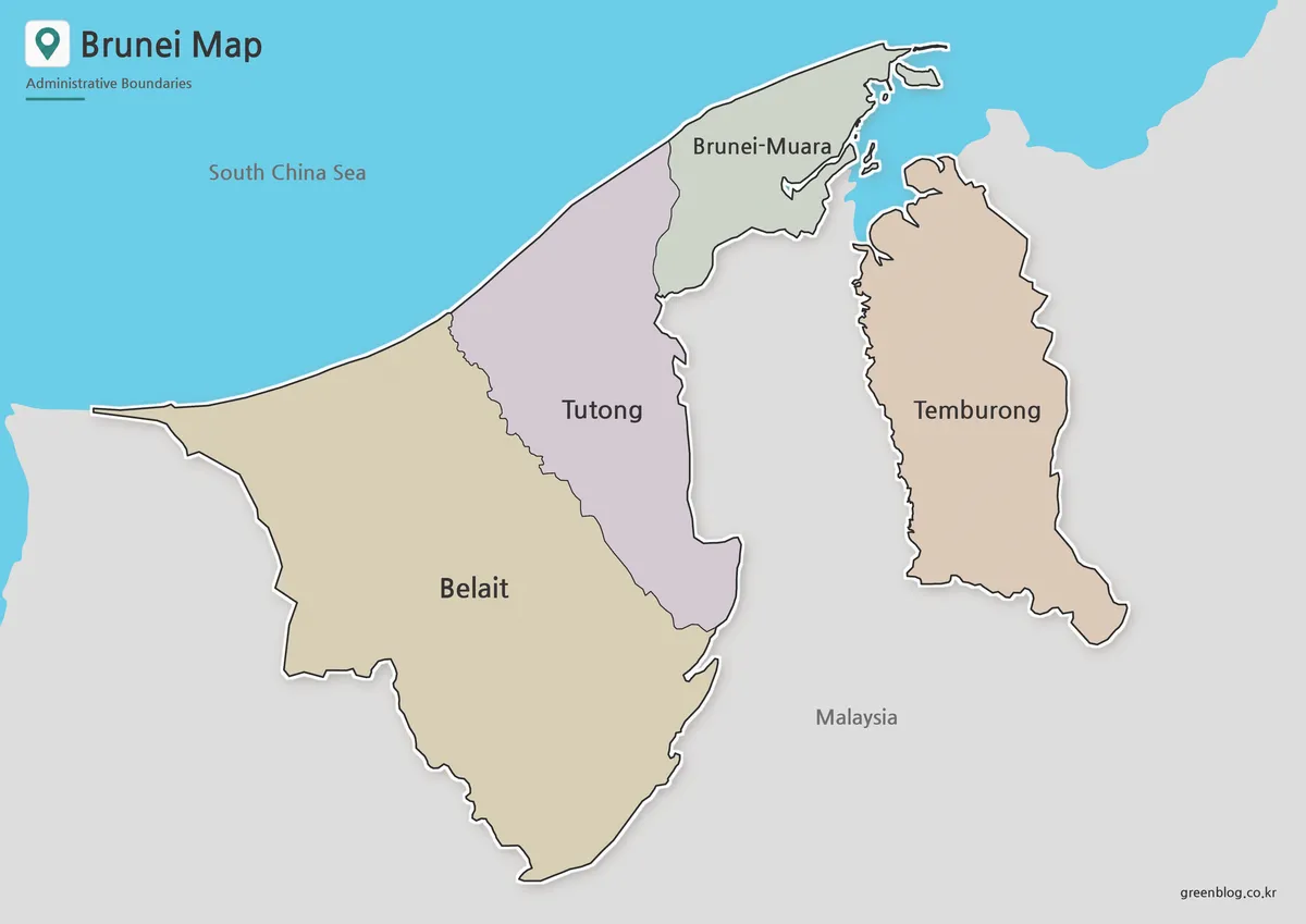 High-resolution Brunei map showing Brunei-Muara, Belait, Tutong, and Temburong districts.