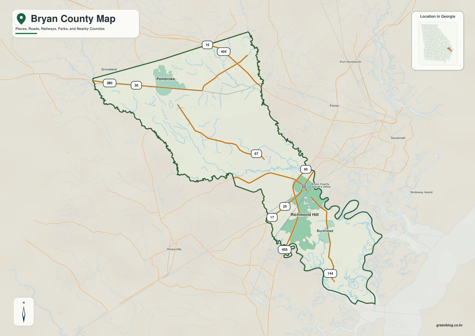 Bryan County Georgia map showing the county boundary and selected places