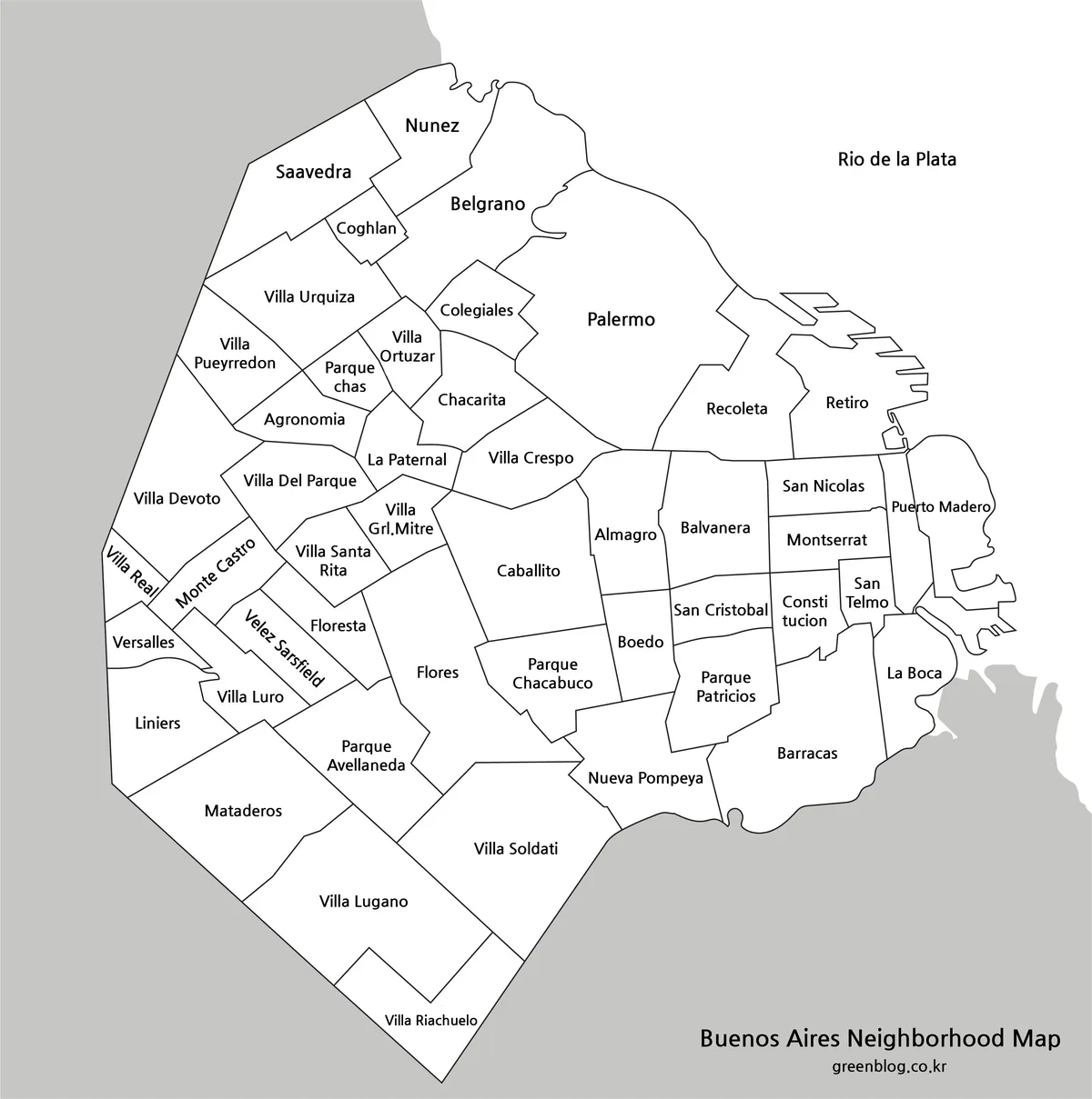 Black-and-white map labeling the 48 barrios of the Autonomous City of Buenos Aires
