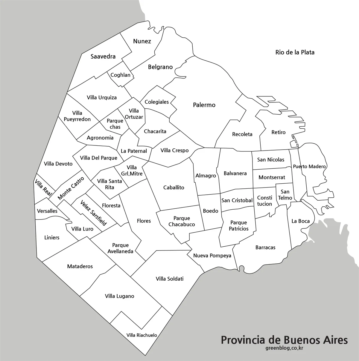 Black and white map of Buenos Aires with district names and boundaries