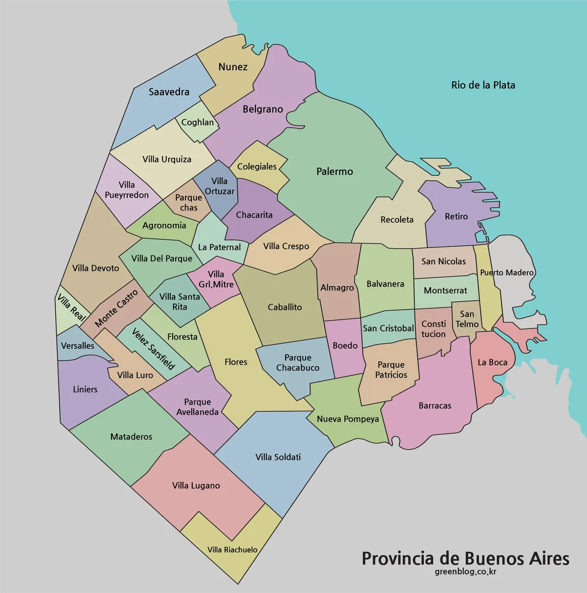 Printable Buenos Aires map with color-coded administrative districts
