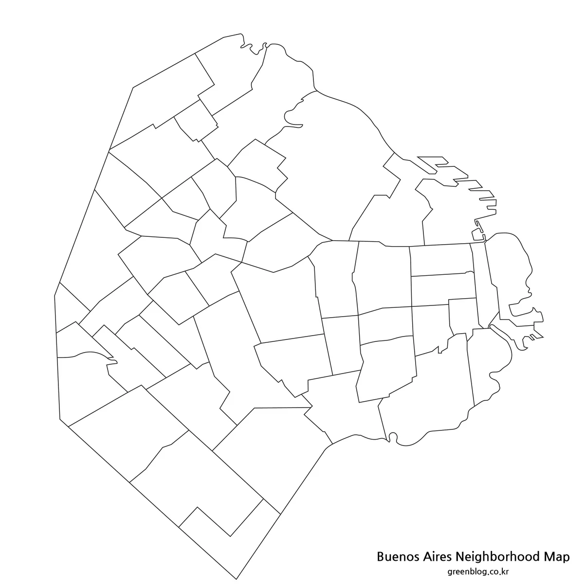 Blank outline of Buenos Aires City divided into 48 barrio boundaries