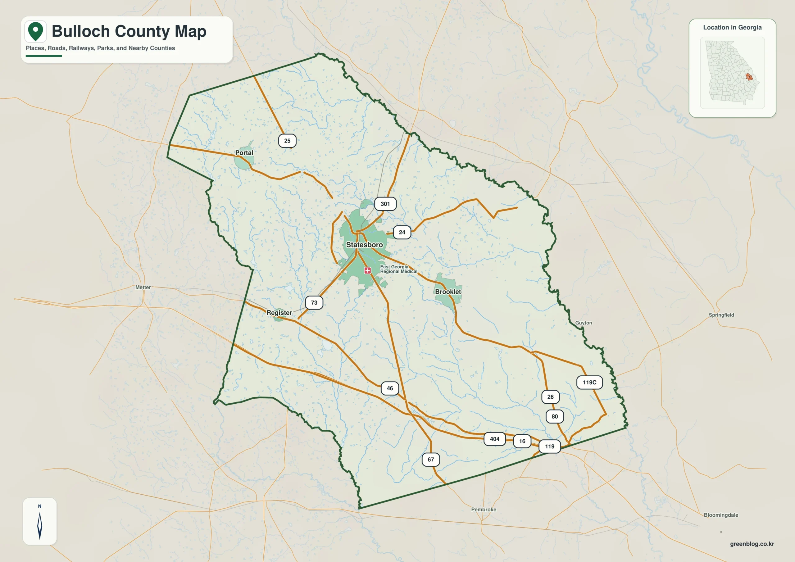 Bulloch County Georgia map showing the county boundary and selected places