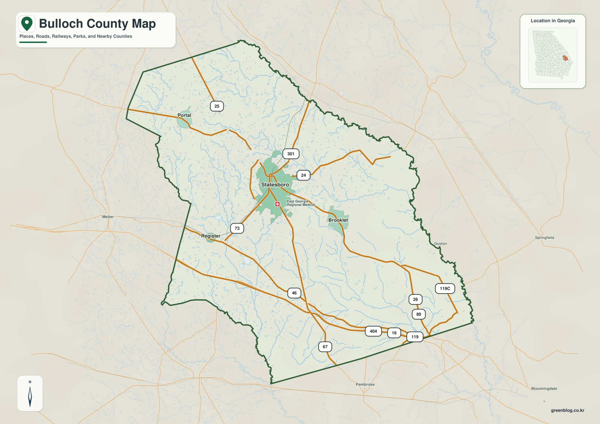 불럭 카운티 Bulloch County 조지아 지도에 표시된 카운티 경계와 주요 지명