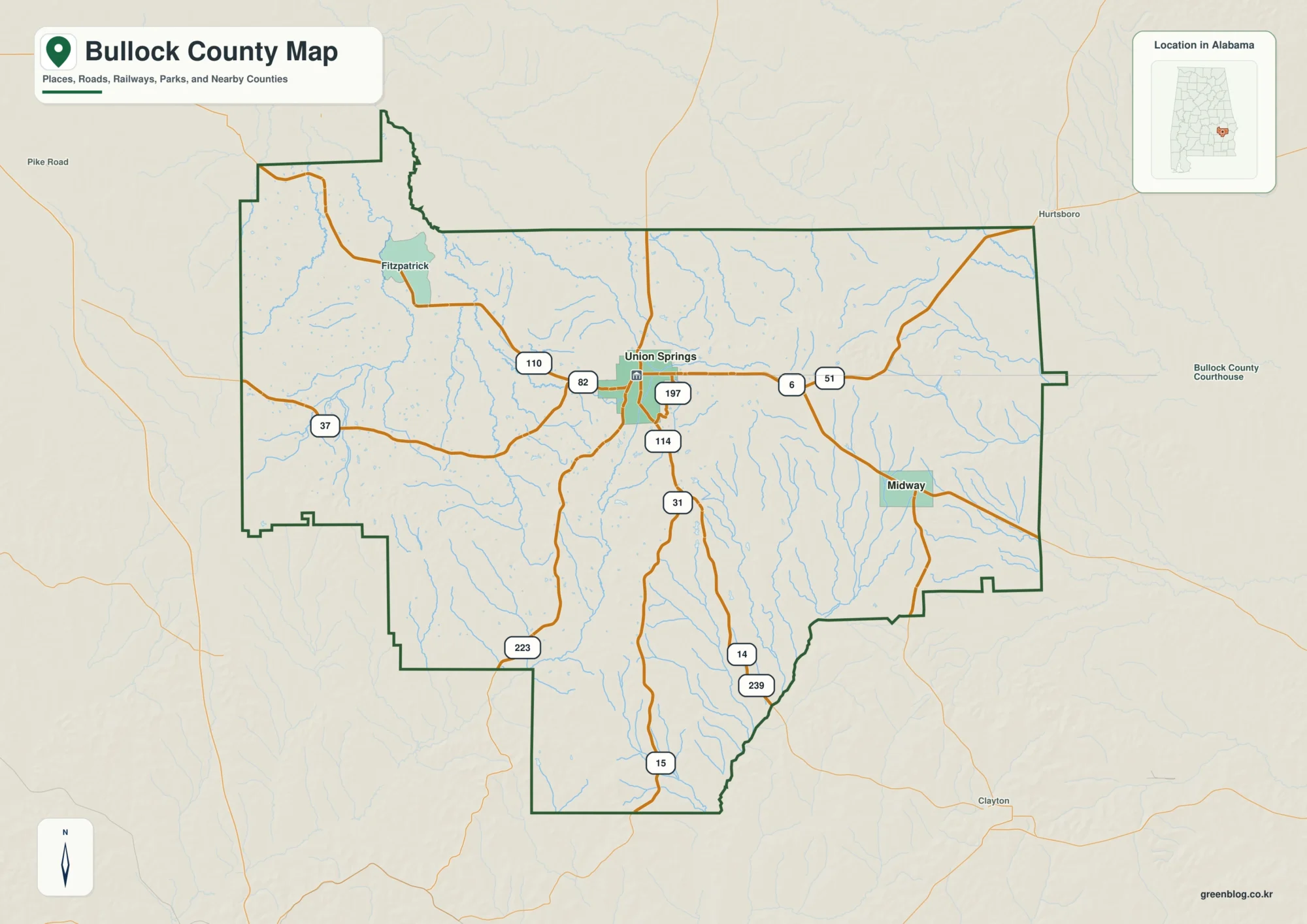 Bullock County Alabama map showing the county boundary and selected labeled places