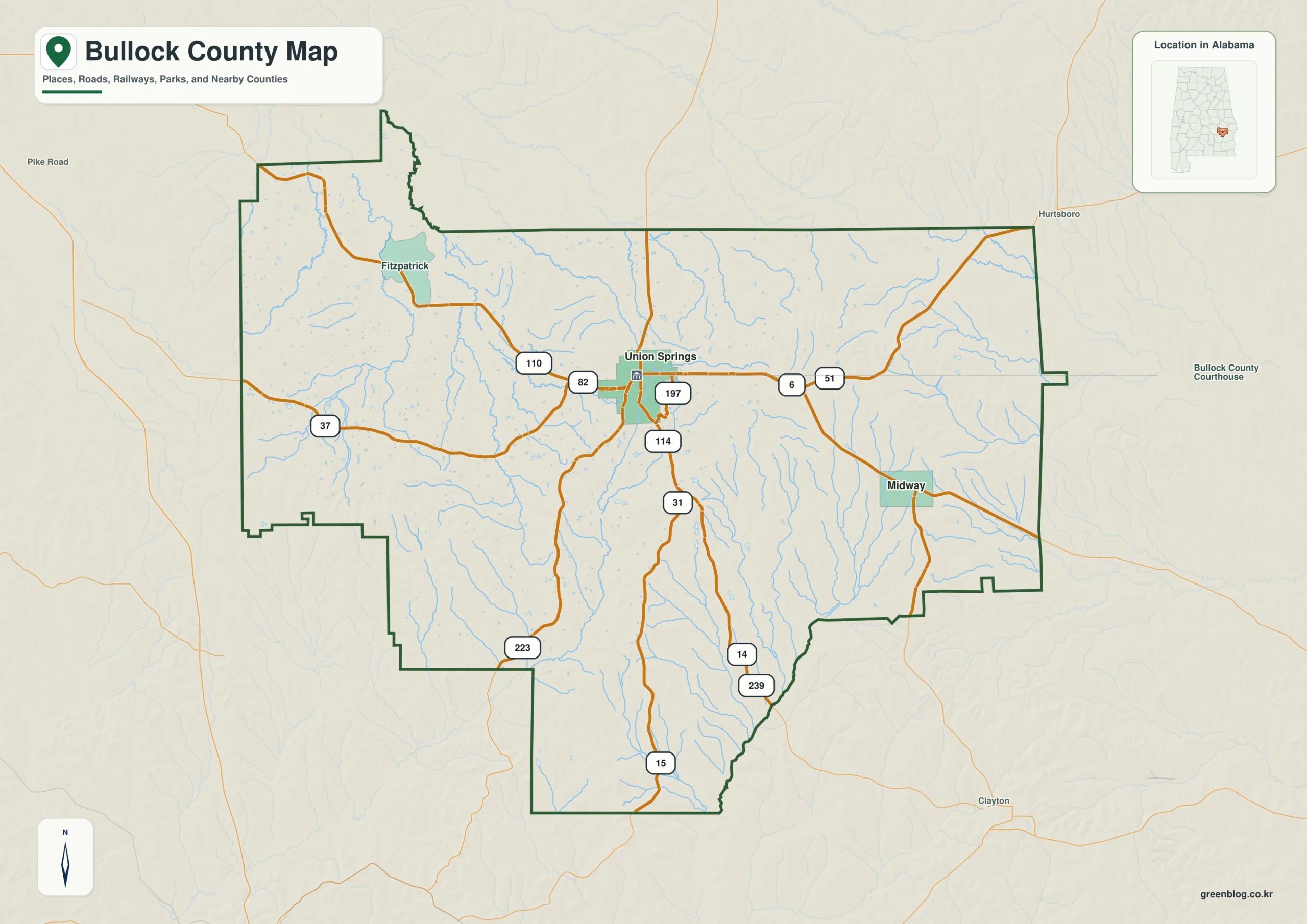 Bullock County Alabama map showing the county boundary and selected labeled places