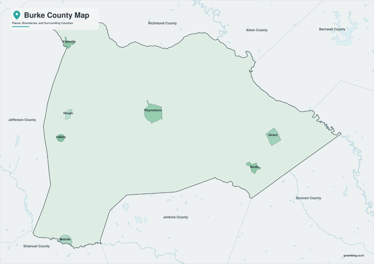 Burke County map color version with Waynesboro and selected communities