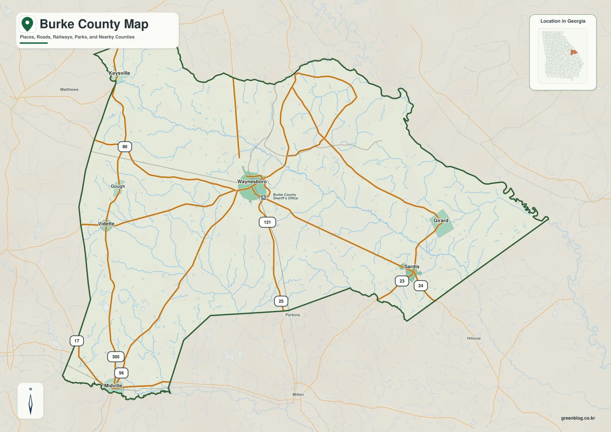 Burke County Georgia map showing the county boundary and selected places