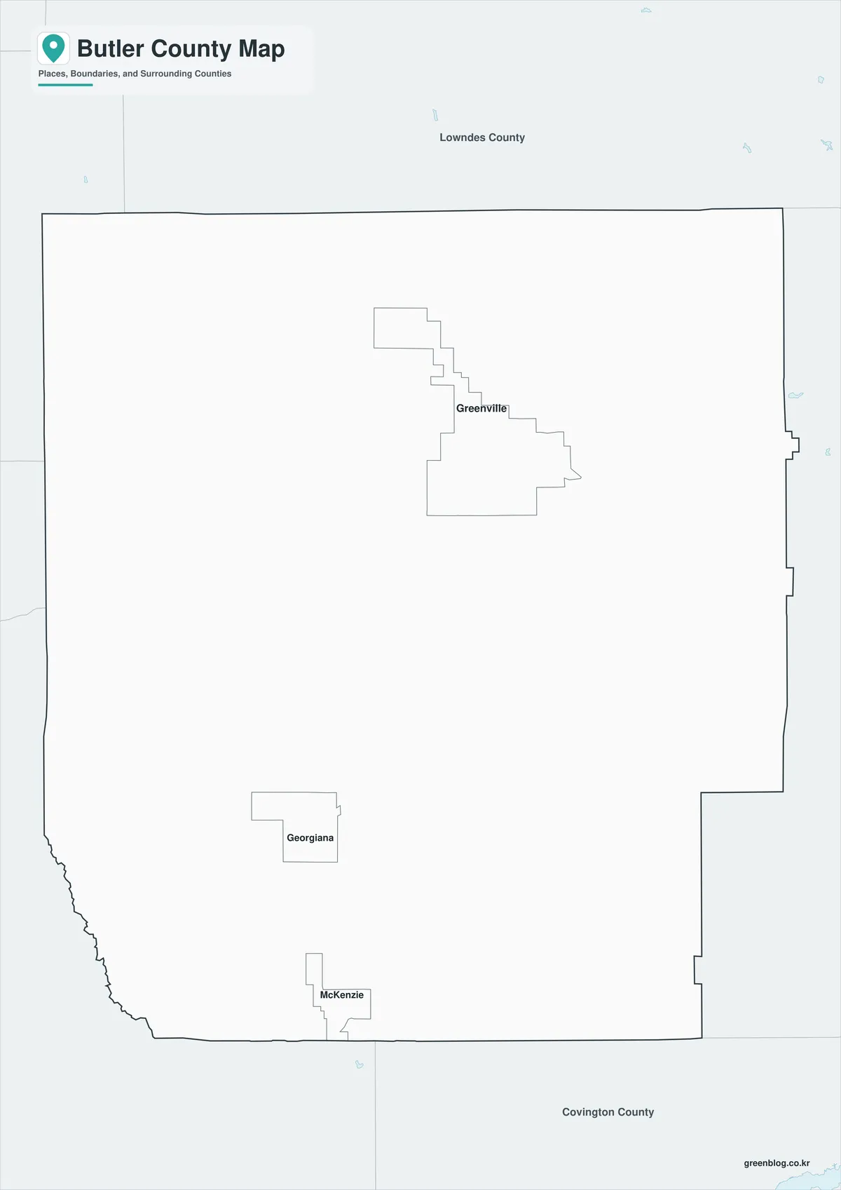 Butler County Map black and white version in Alabama with selected place names and boundaries