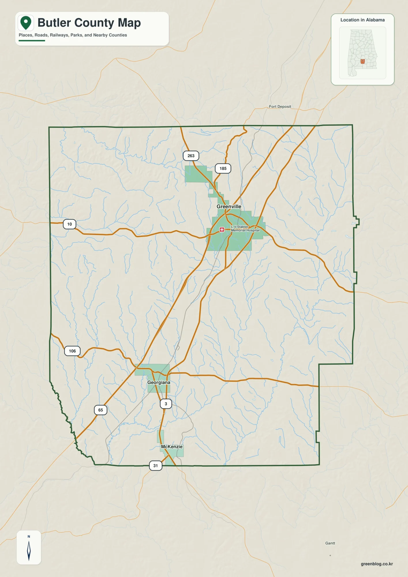 Butler County Alabama map showing the county boundary and selected labeled places
