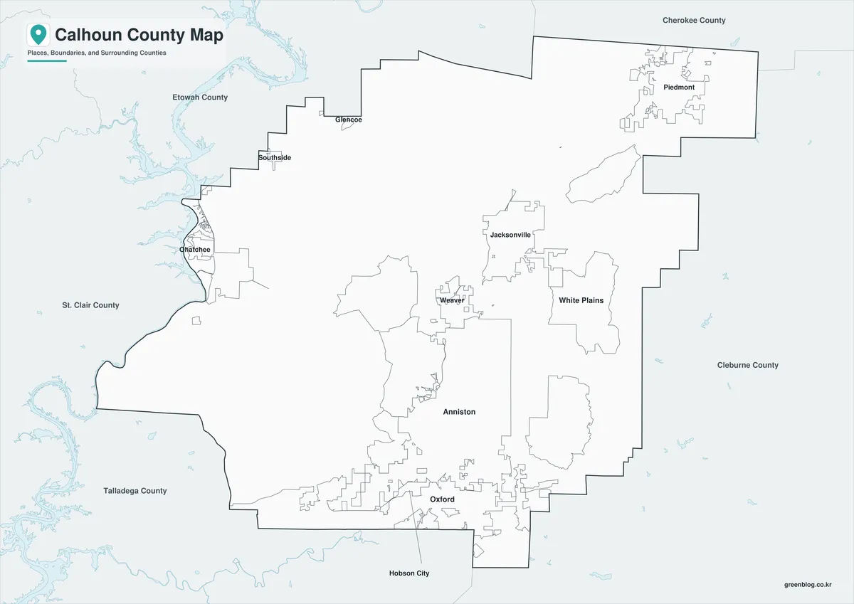 Calhoun County Map black and white version with selected place names and boundary lines