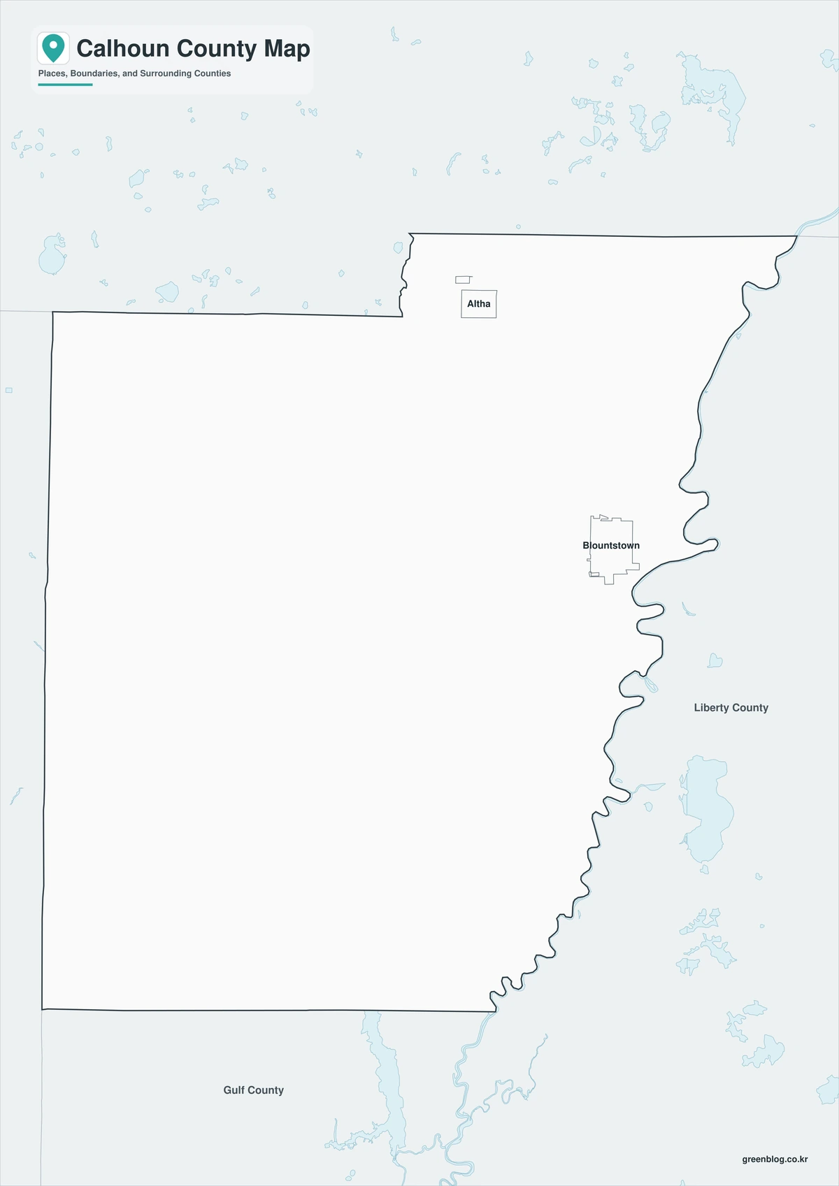 Black-and-white Calhoun County map with selected place labels