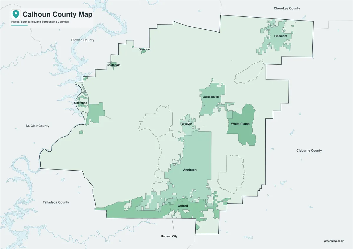 Calhoun County Map graphic with Color, Black and White, and Outline A3 JPG versions