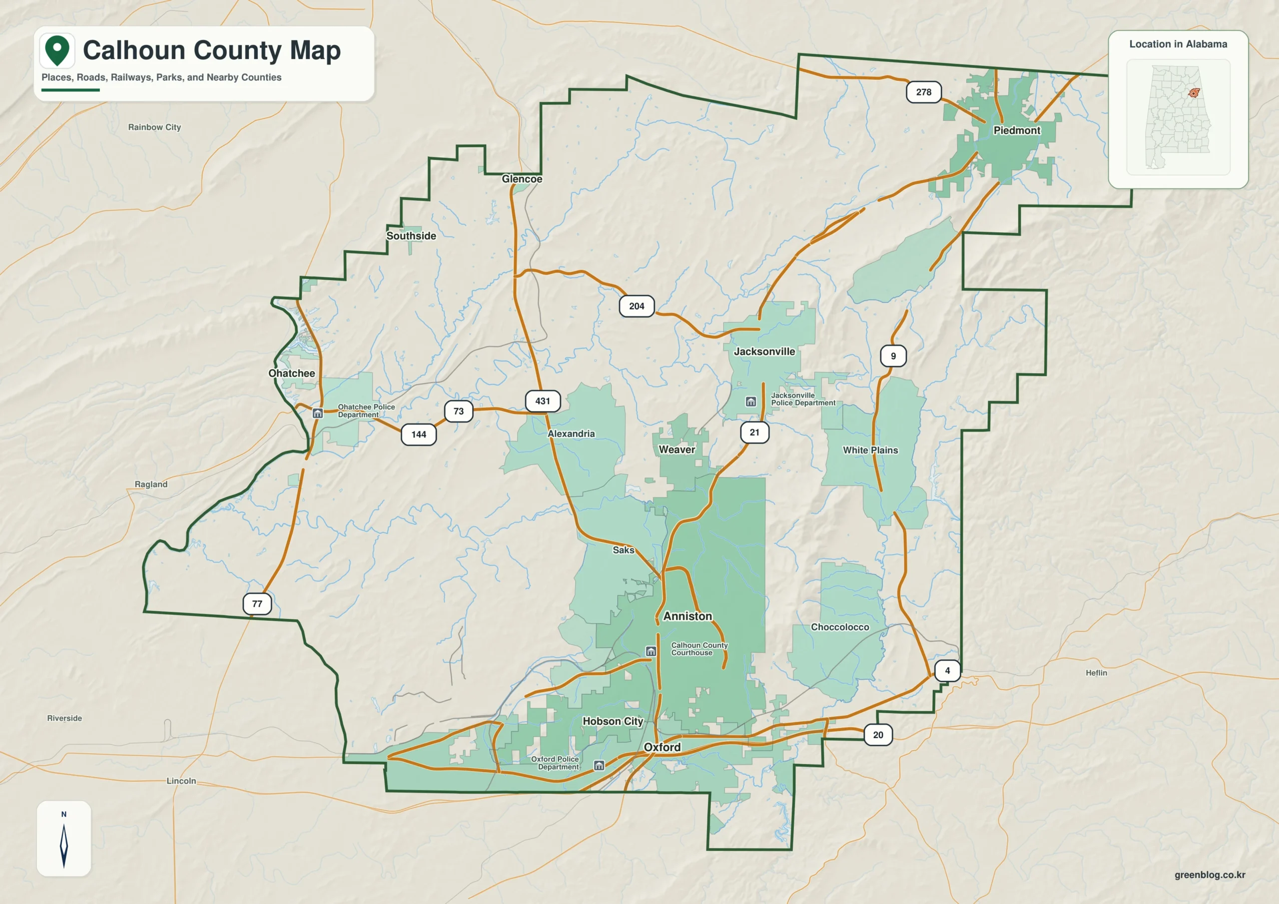 Calhoun County Alabama map showing the county boundary and selected labeled places