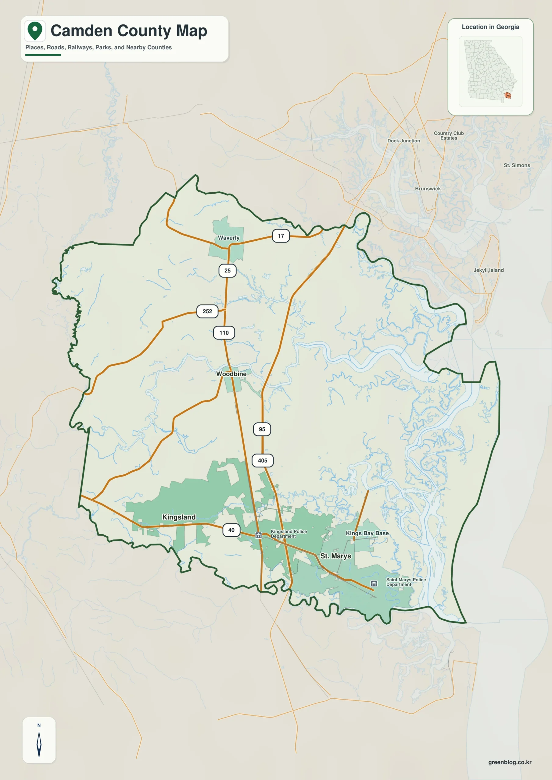 Camden County Georgia map showing the county boundary and selected places