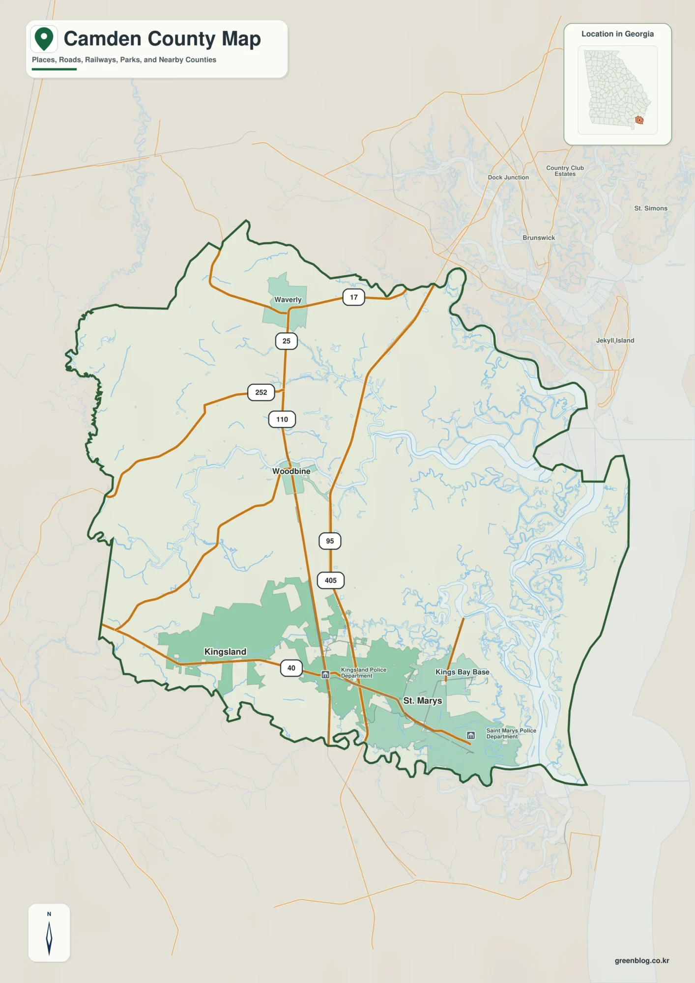 캠던 카운티 Camden County 조지아 지도에 표시된 카운티 경계와 주요 지명