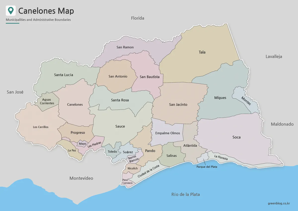 Printable Canelones Department color map with labeled municipality boundaries