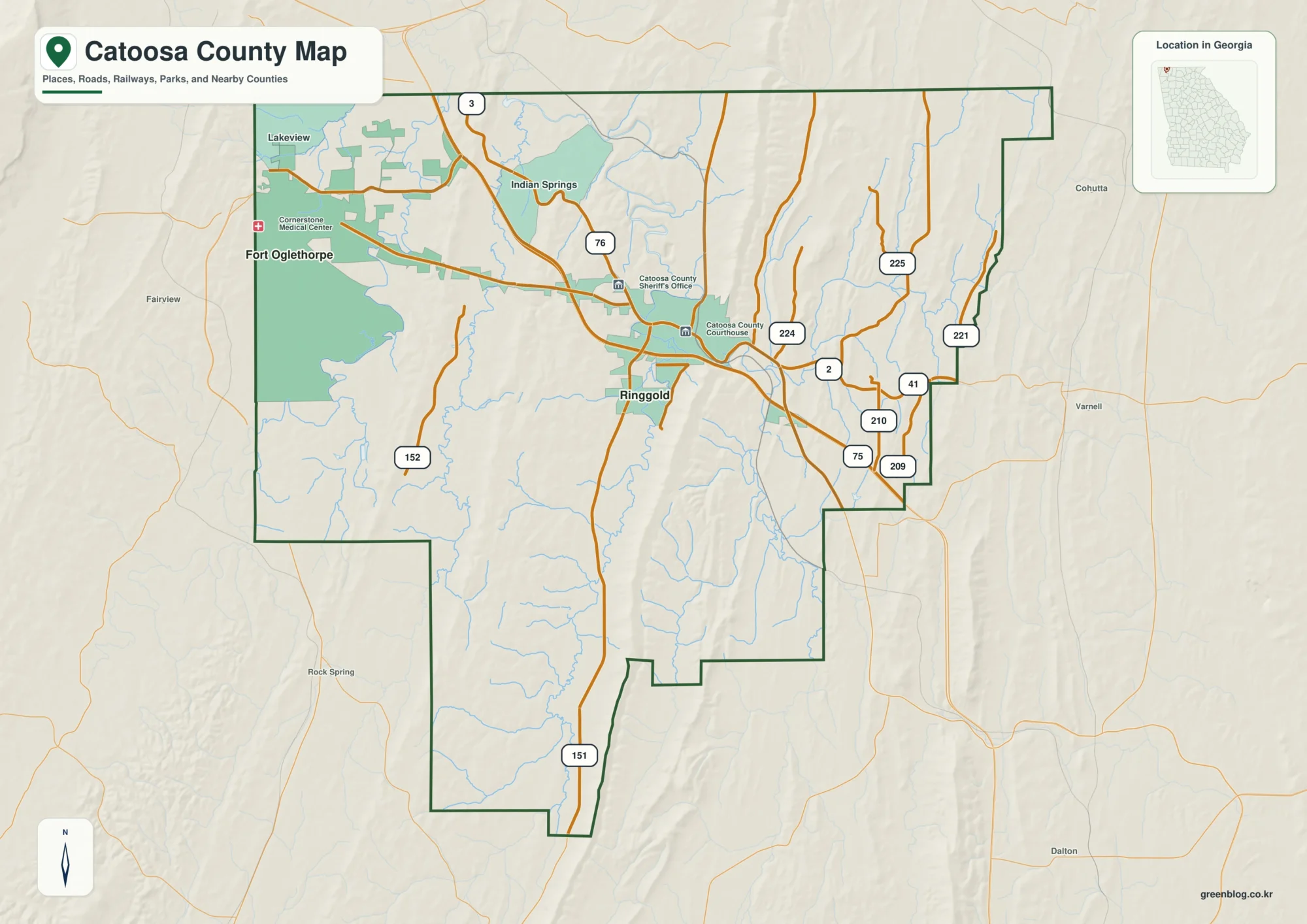 Catoosa County Georgia map showing the county boundary and selected places