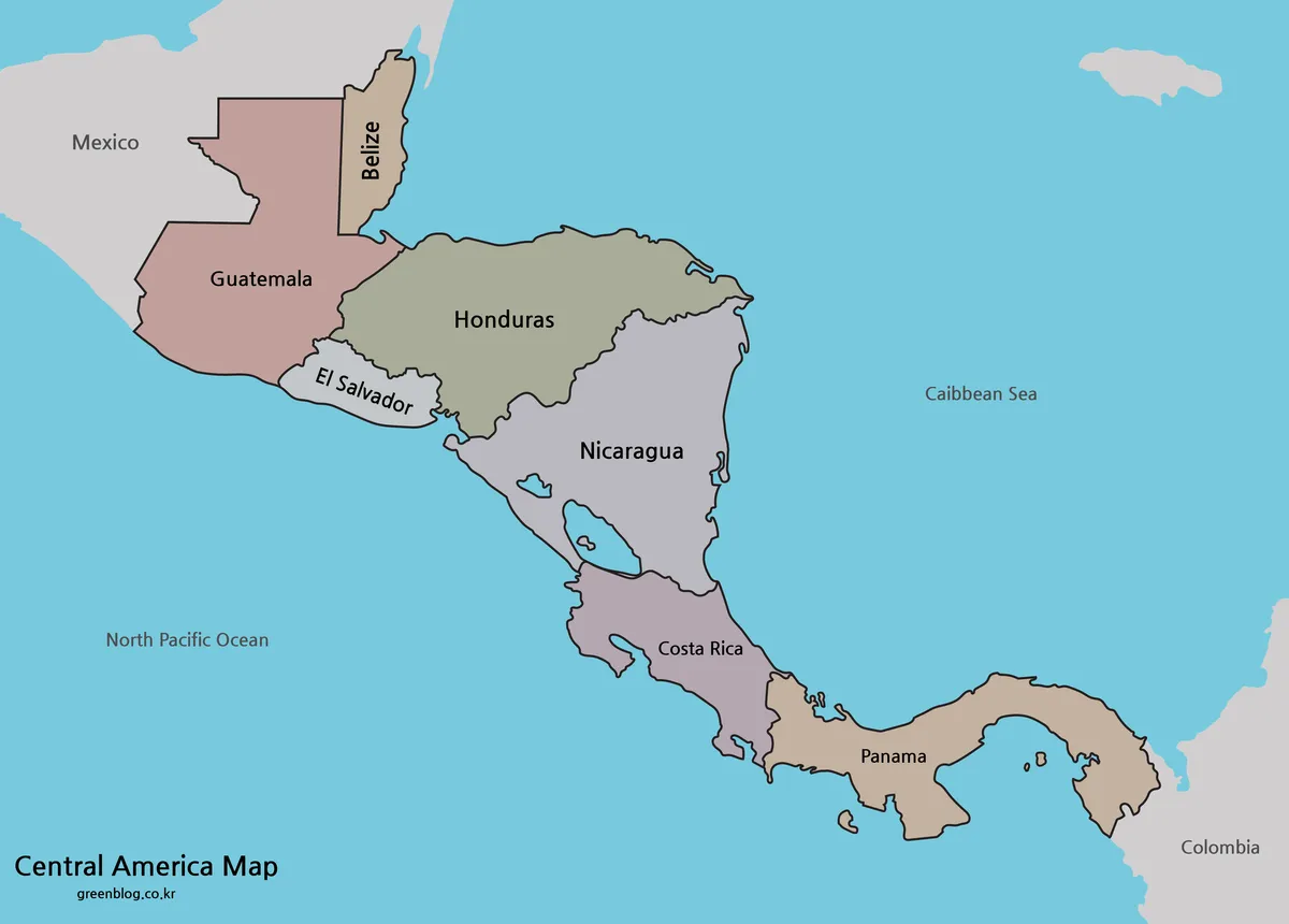 Printable Central America map with color-coded country boundaries.