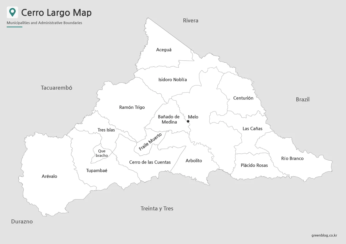 Printable black and white Cerro Largo Department map with municipality names and regional boundaries