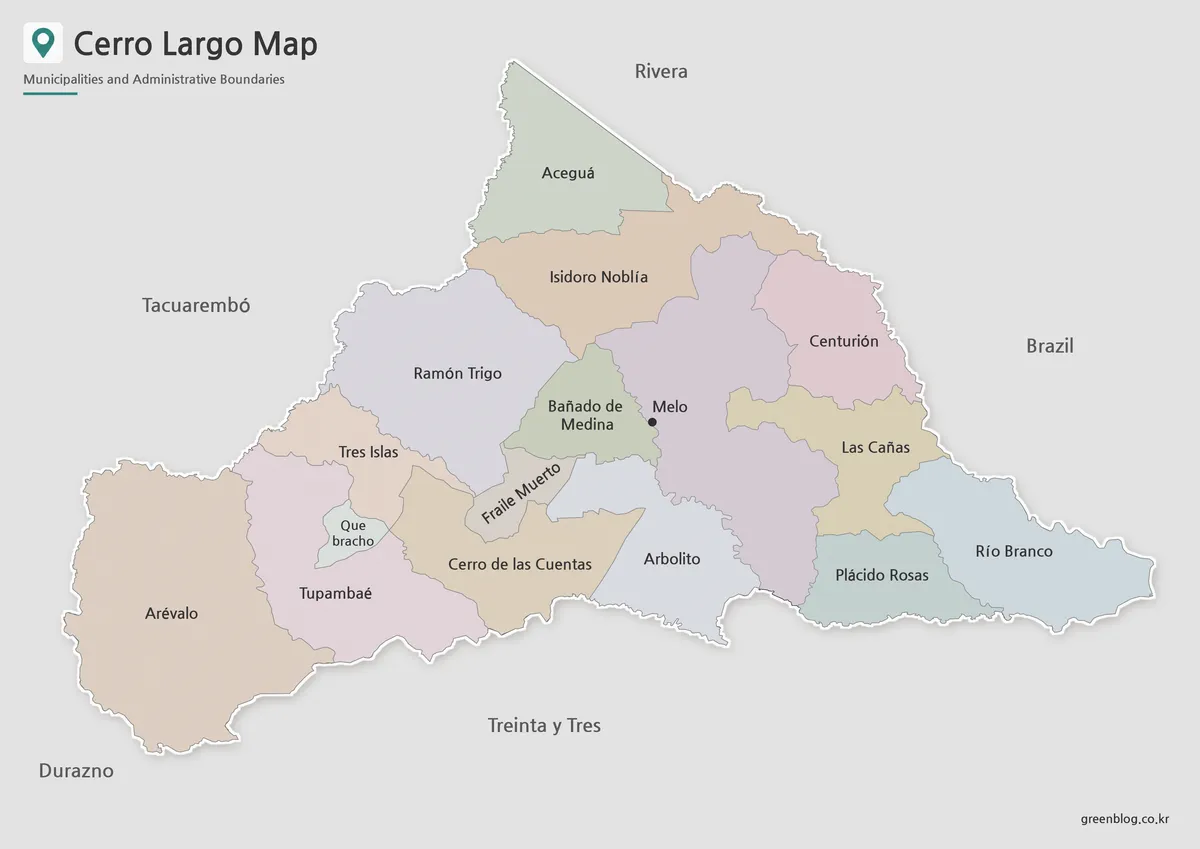 Cerro Largo Map with color-coded municipal boundaries and Melo marked as the departmental capital
