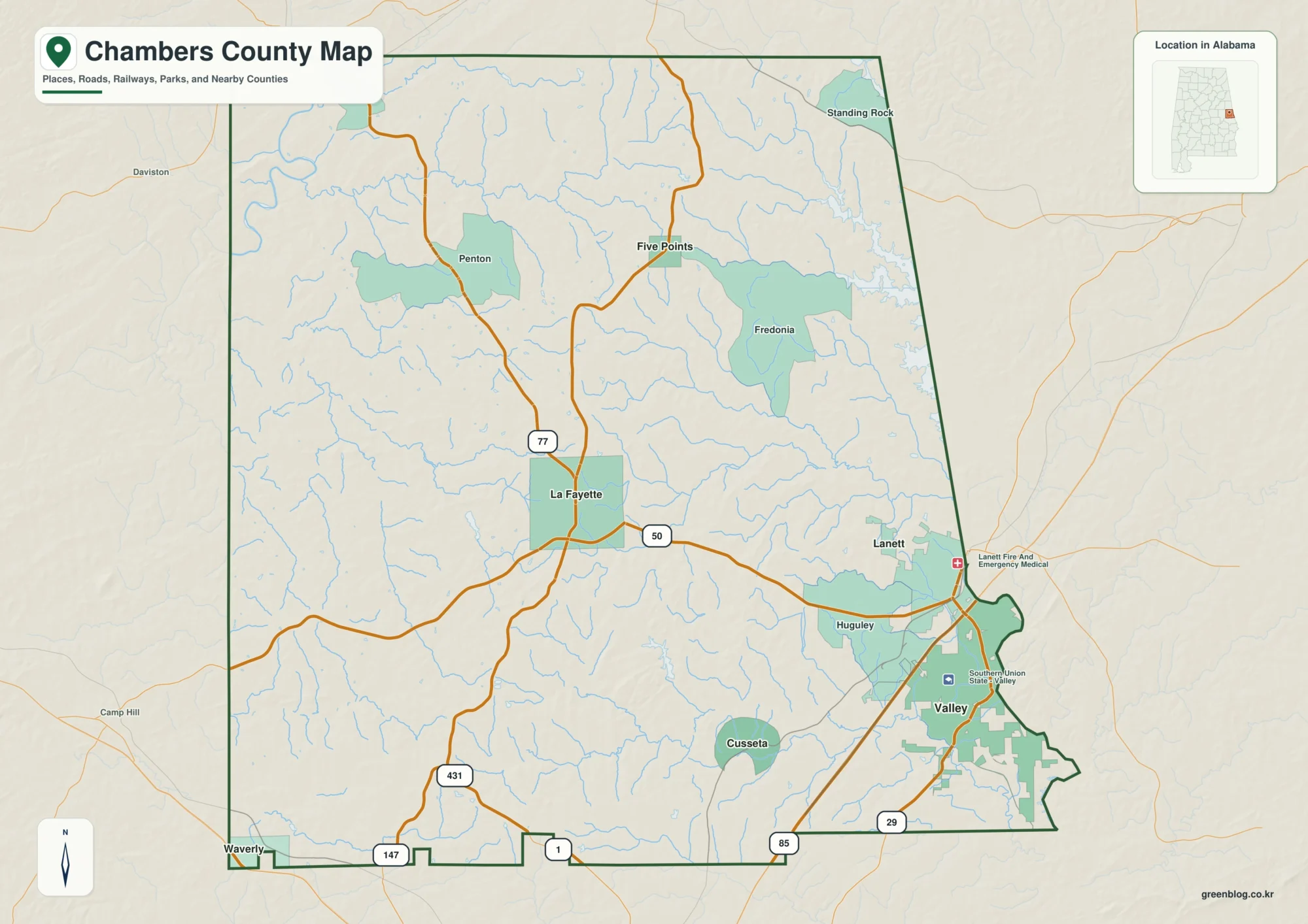 Chambers County Alabama map showing the county boundary and selected labeled places