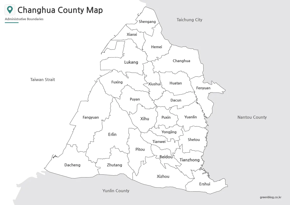 Printable black and white Changhua County map with labeled administrative divisions