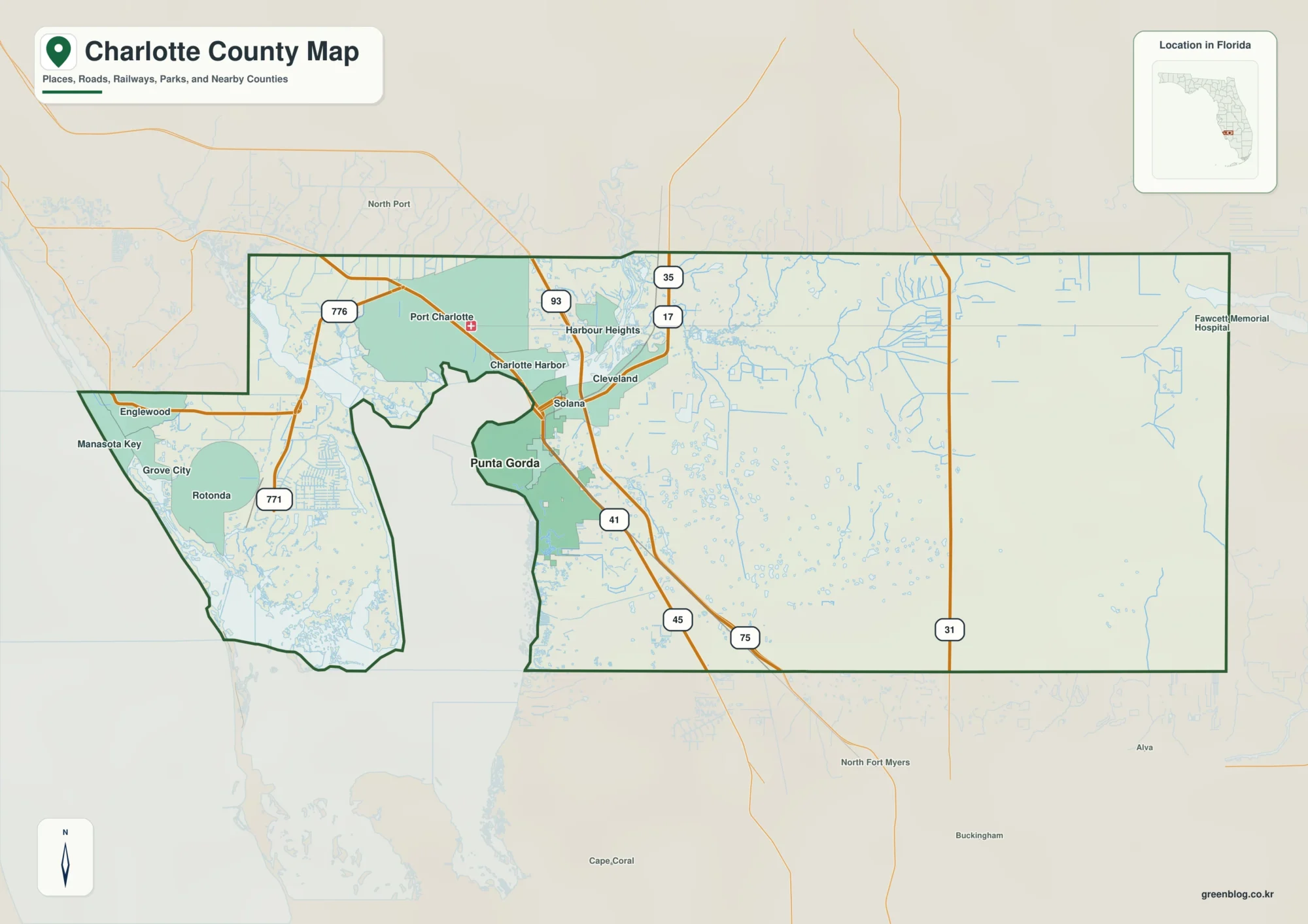 Charlotte County Florida map showing Punta Gorda, Port Charlotte, Englewood