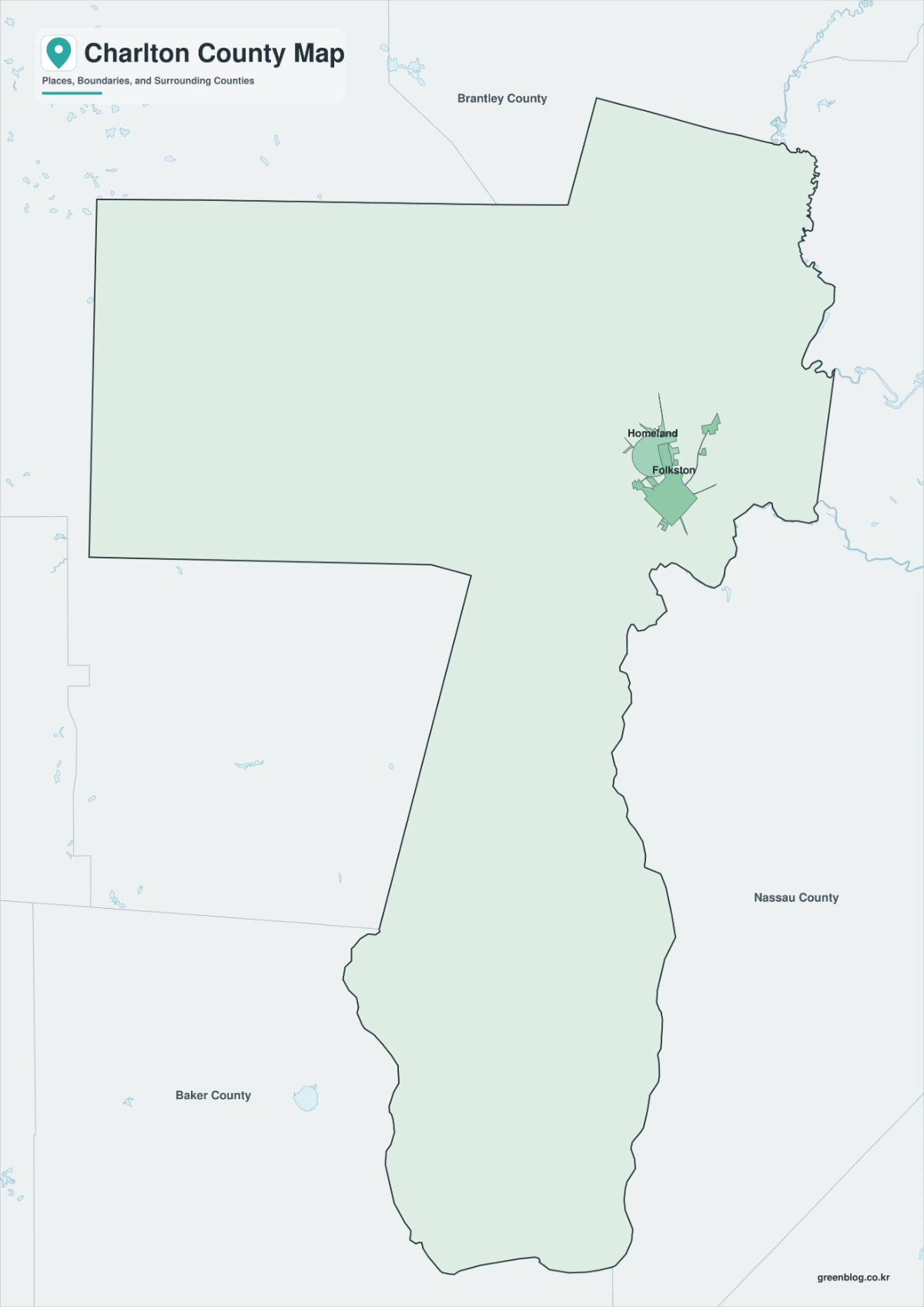 Charlton County map color version with Folkston and selected communities