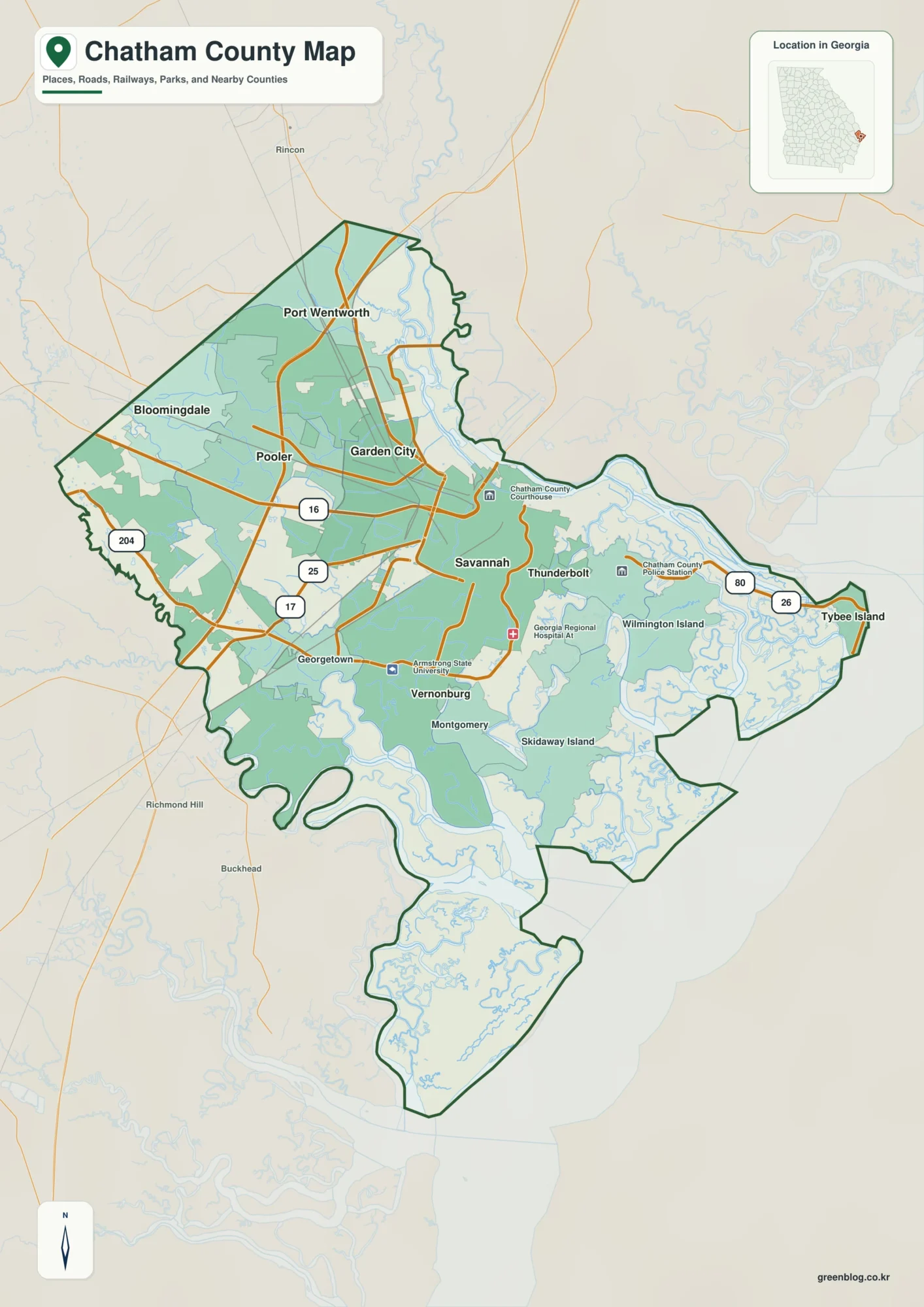 Chatham County Georgia map showing the county boundary and selected places