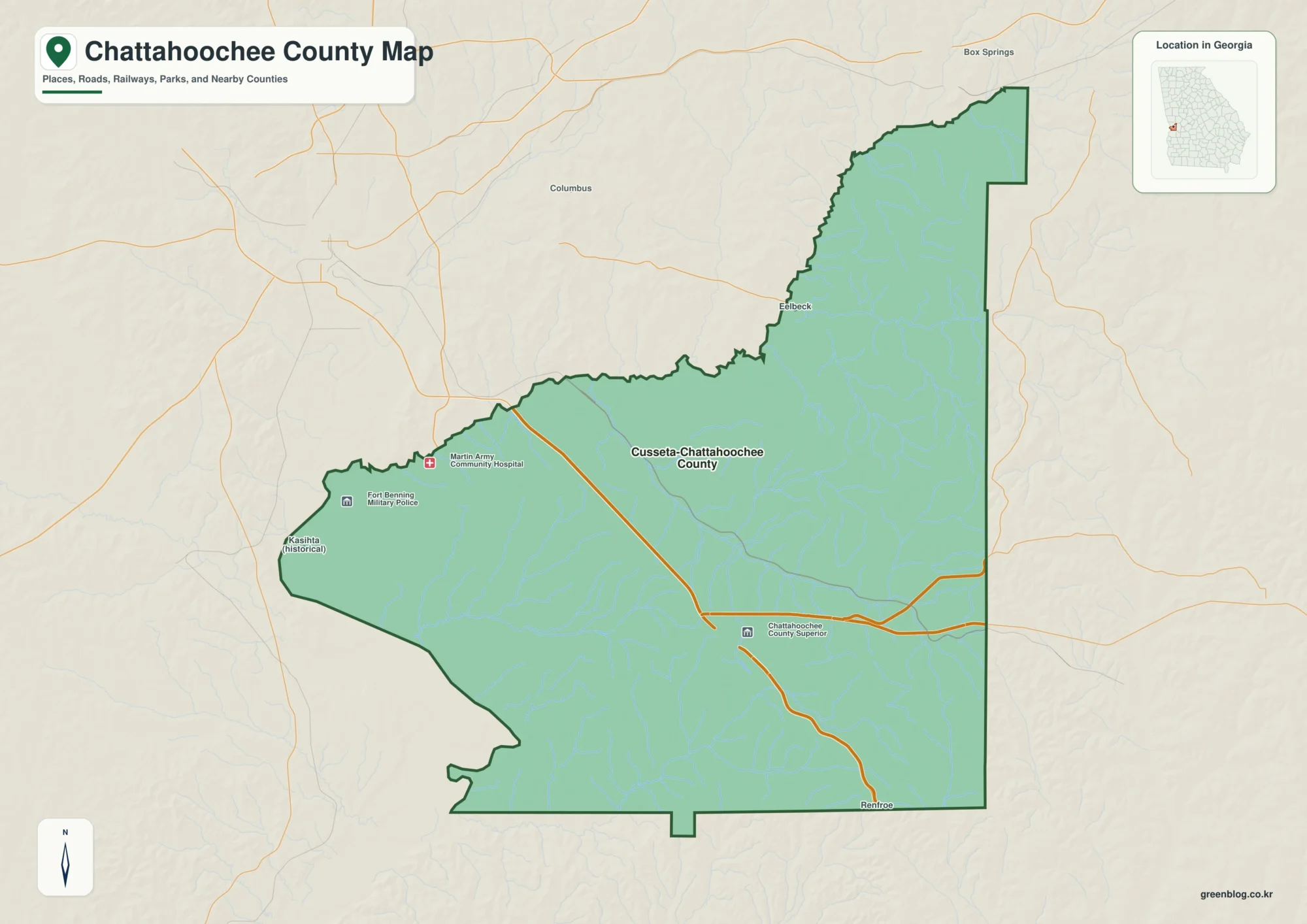 Chattahoochee County Georgia map showing the county boundary and selected places