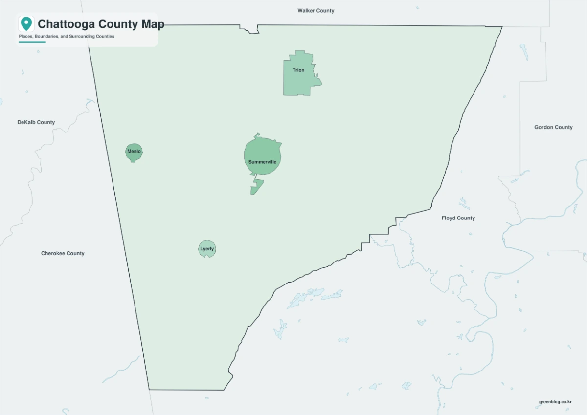 Chattooga County map color version with Summerville and selected communities