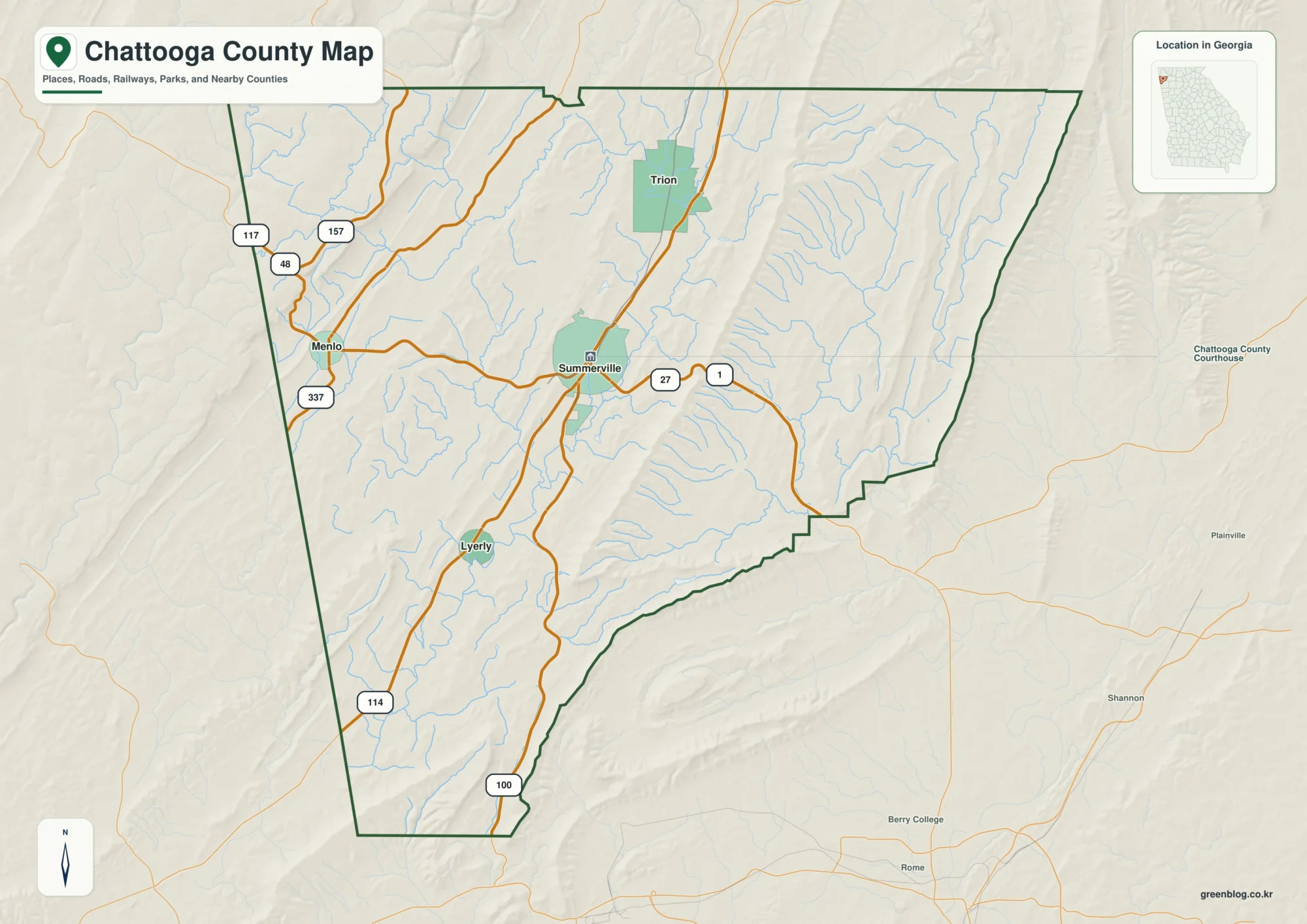 채투가 카운티 Chattooga County 조지아 지도에 표시된 카운티 경계와 주요 지명