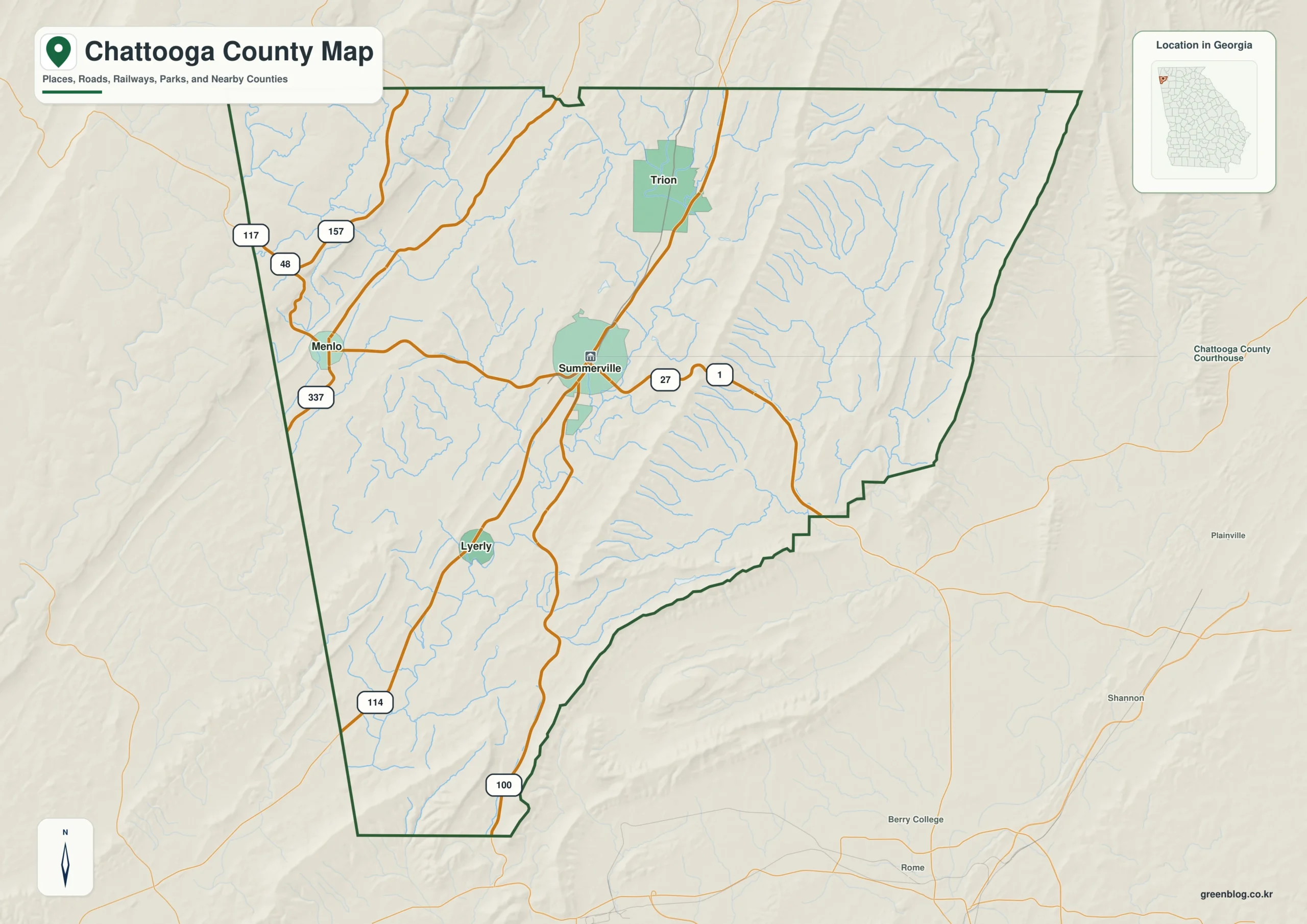 채투가 카운티 Chattooga County 조지아 지도에 표시된 카운티 경계와 주요 지명