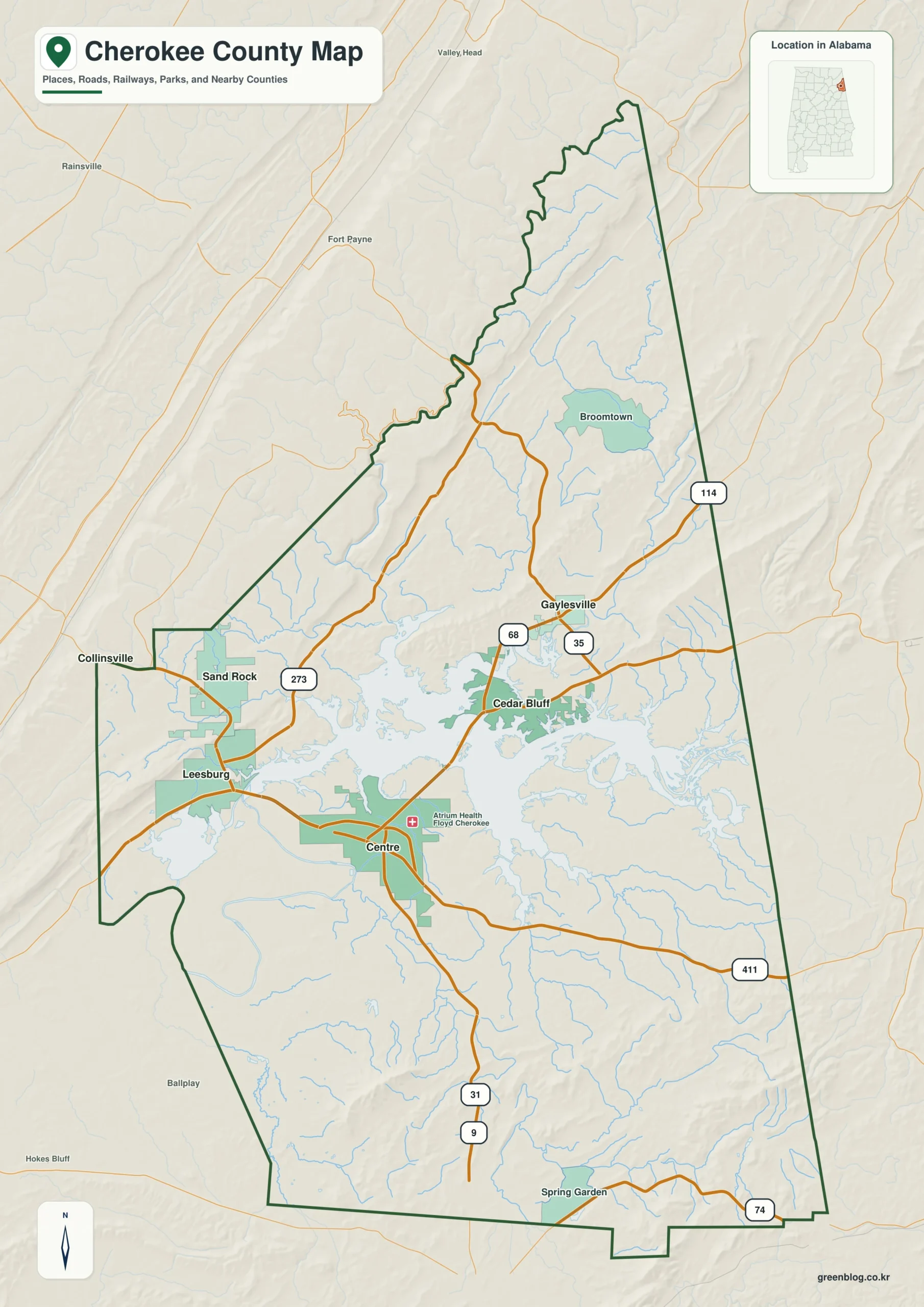 Cherokee County Alabama map showing the county boundary and selected labeled places