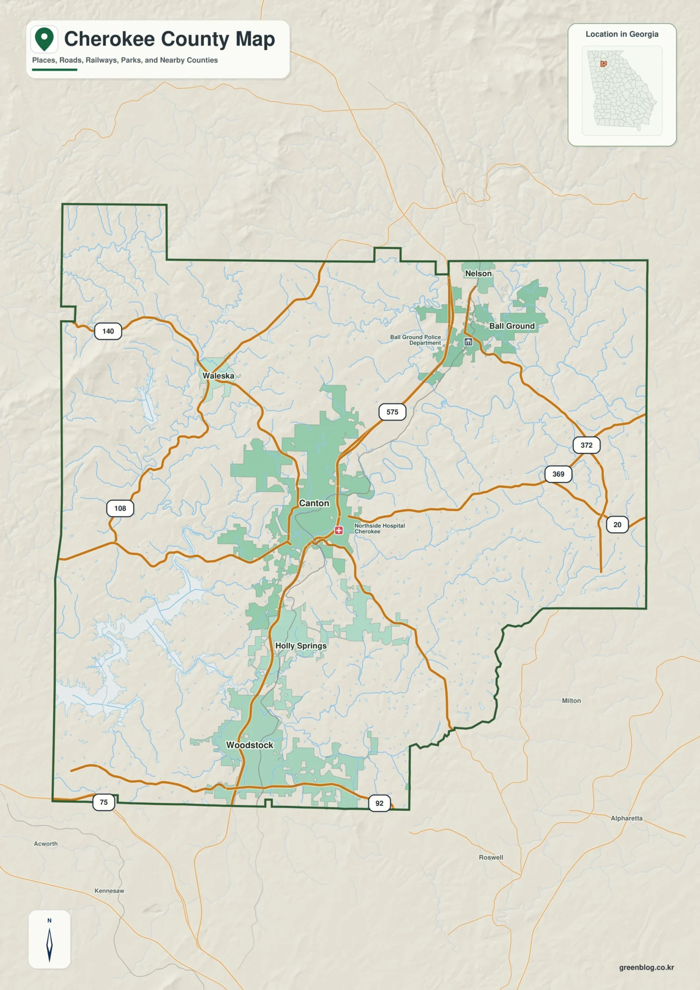 체로키 카운티 Cherokee County 조지아 지도에 표시된 카운티 경계와 주요 지명