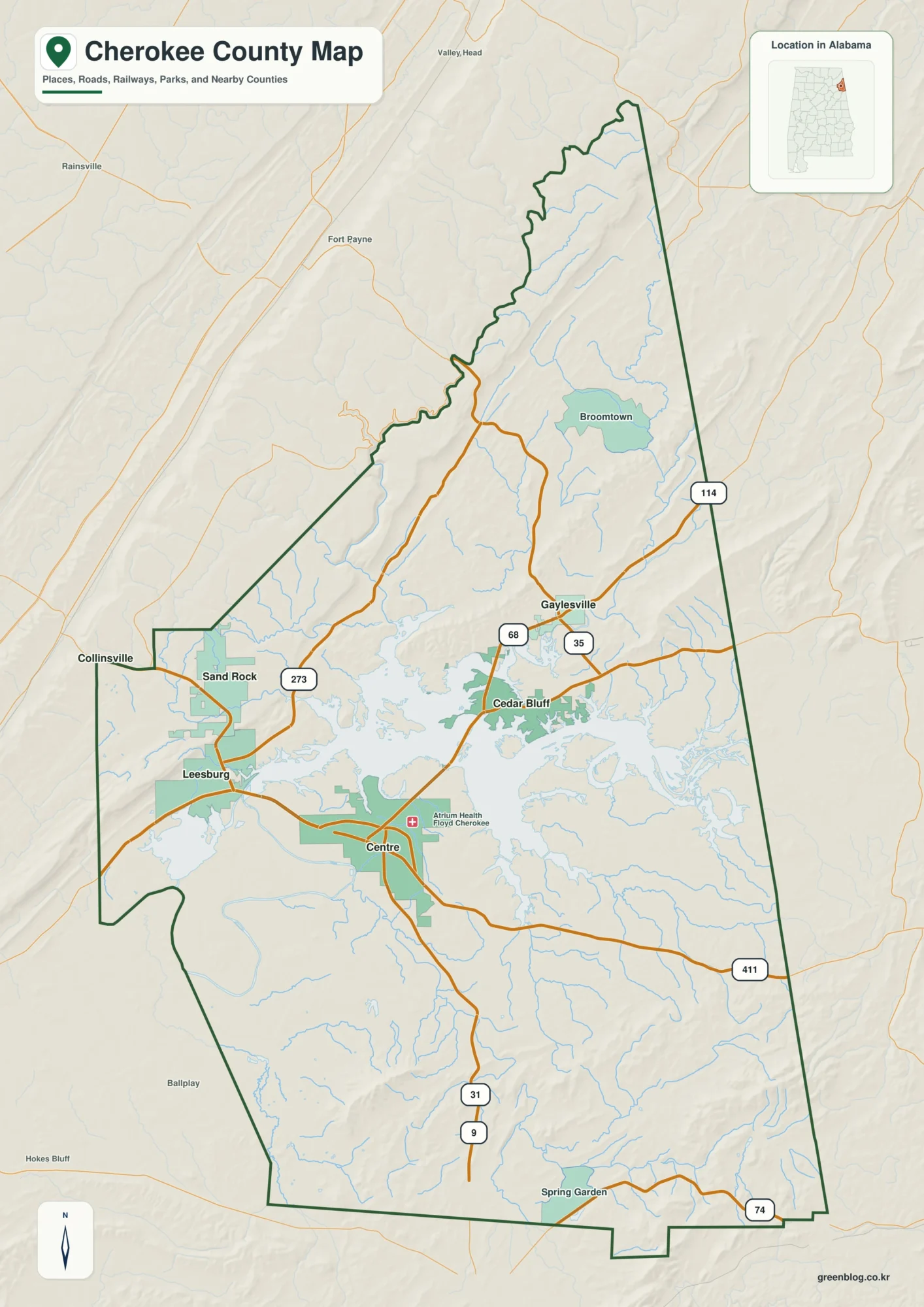 체로키 카운티 Cherokee County 앨라배마 지도에서 카운티 경계와 주요 지명을 확인하는 지도