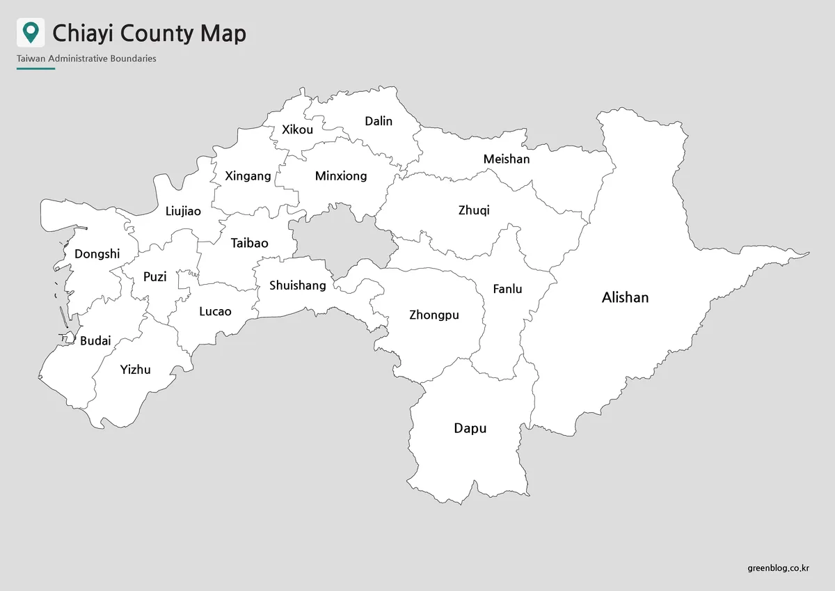 Printable black and white Chiayi County map with labeled administrative boundaries.