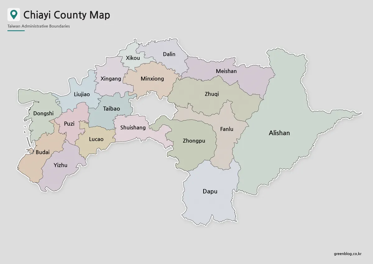 Printable Chiayi County map collection with color, black and white, and outline versions