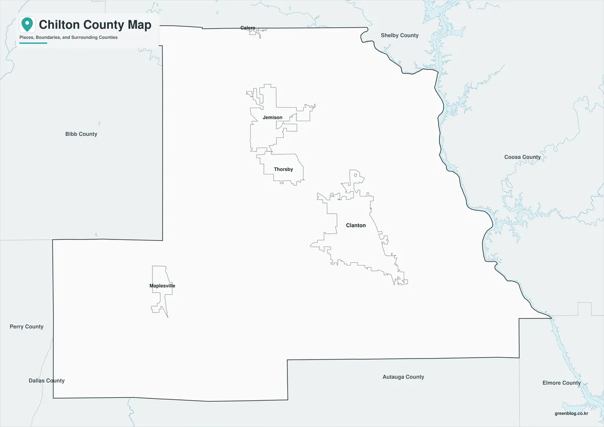 Chilton County Map black and white version with selected place names and boundaries